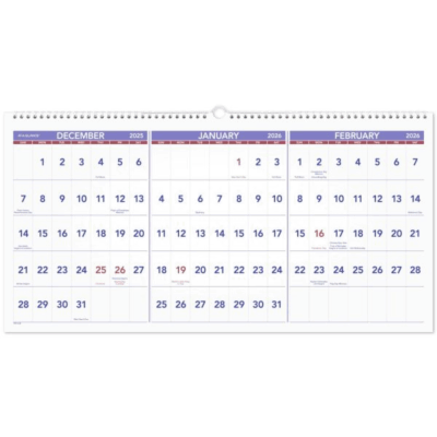 Three Month Reference Horizontal Wall Calendar, Large, 12" x 27"